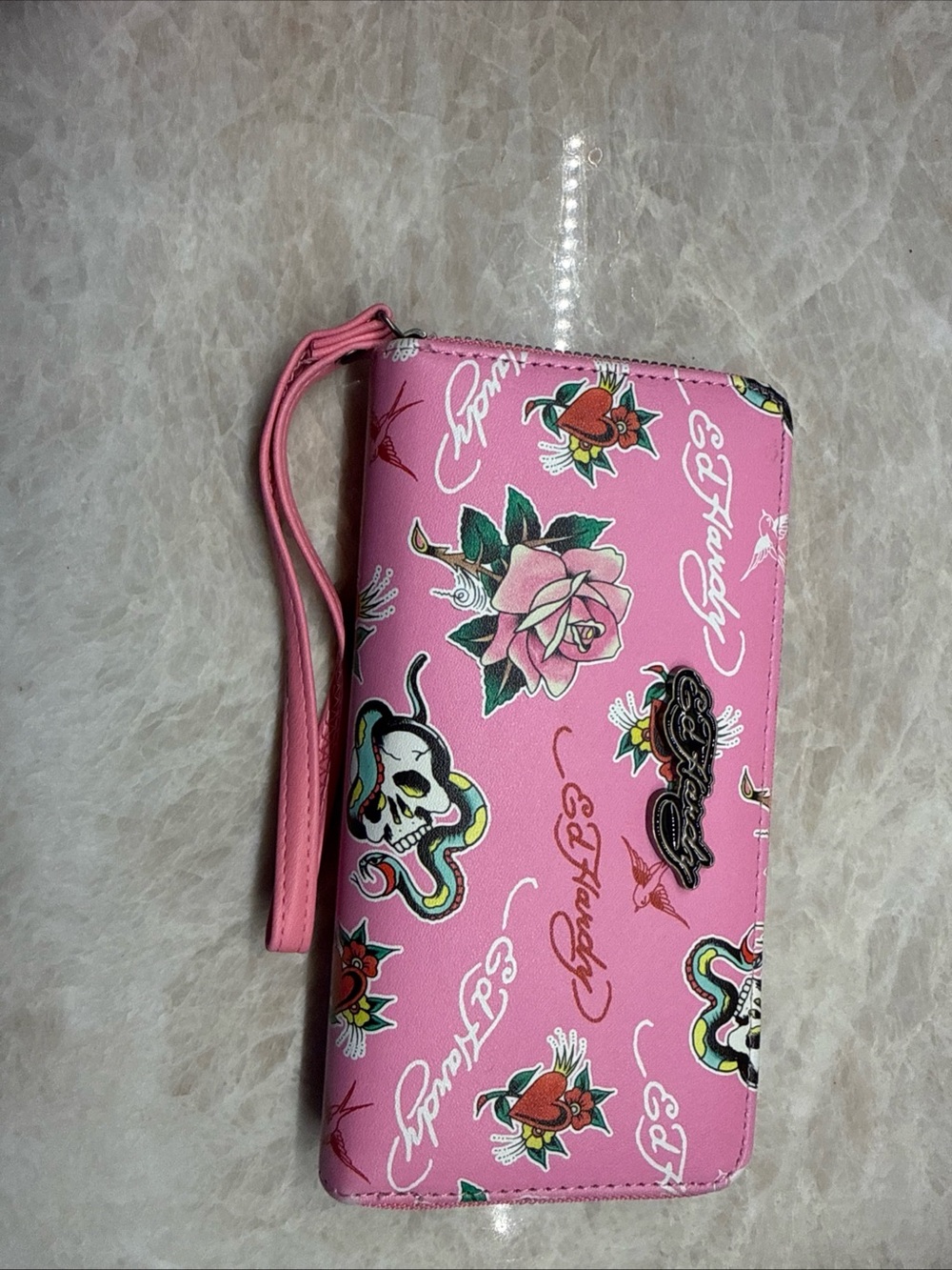 NWOT ed hardy wallet wristlet phone holder pink skull